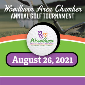 golf ball with Woodburn Chamber of Commerce logo on it, August 26, 2021, annual golf tournament with colorful background and golf picture