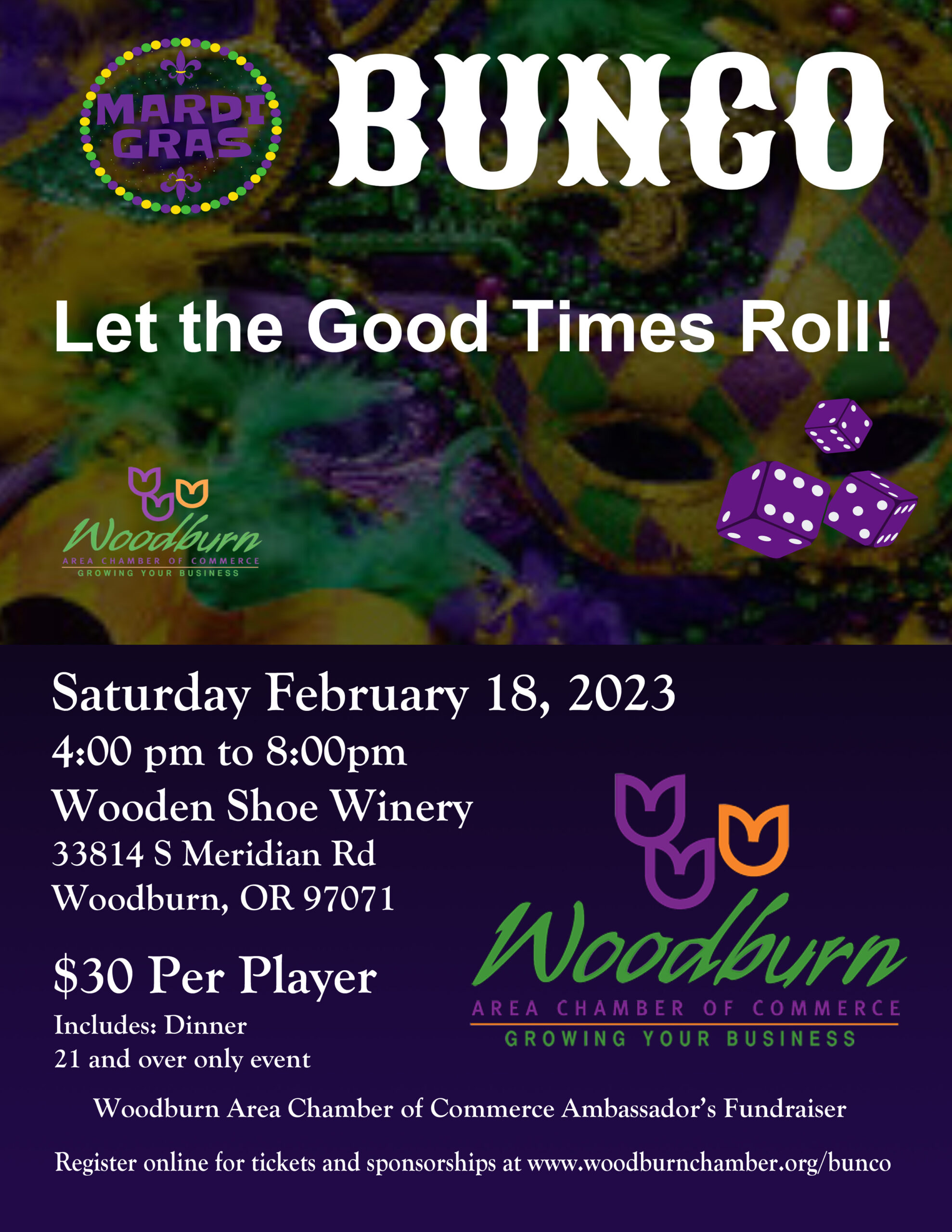 Paint the town red flyer for Woodburn Chamber of Commerce's 2022 Bunco Night